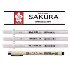 SAKURA Gelly Roll White, Bright White Stifte im Etui, 혼합 크기 05.08.10 Pigma Micron Black 05