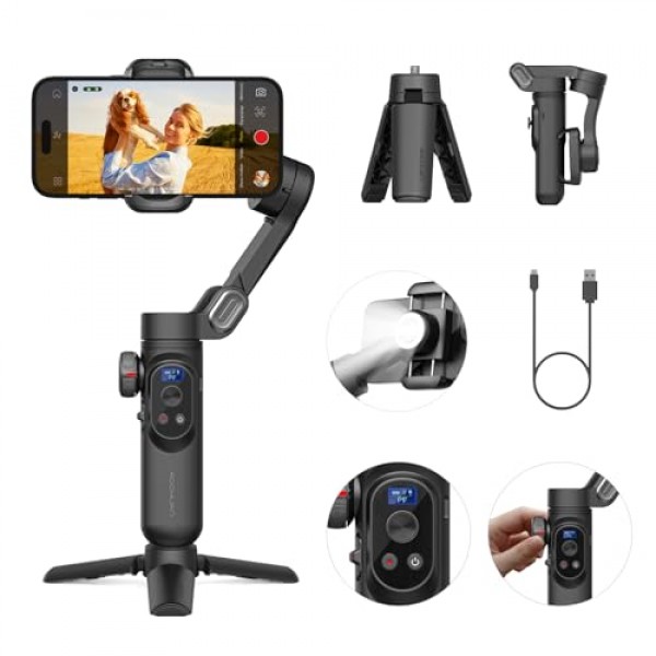 스마트폰용 짐벌 안정기, 무선 충전 기능이 있는 짐벌 iPhone 15 Pro Max/Android용 iPhone 짐벌 비디오 녹화용 접이식 3축 핸드헬드 폰 짐벌 얼굴 추적-Smart X Pro