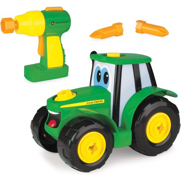 John Deere 빌드 조니 트랙터, 16피스 ​​빌딩 농장 장난감 자동차, 전동 드릴이 있는 트랙터 장난감 18개월, 2, 3, 4세 소년 소녀 조니 싱글 빌드