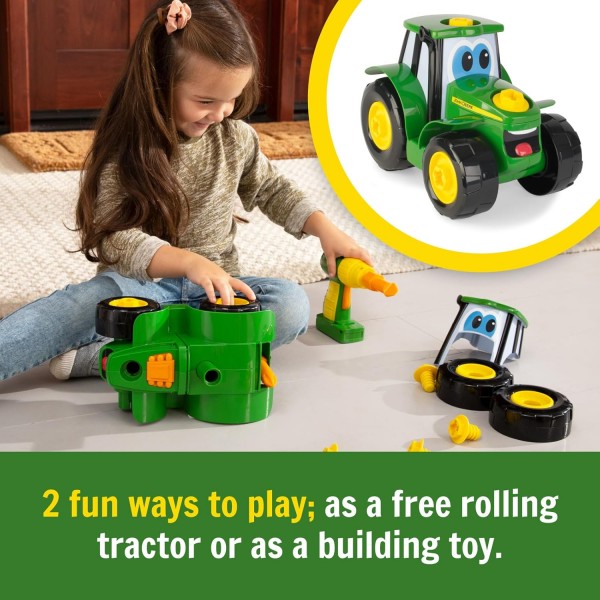 John Deere 빌드 조니 트랙터, 16피스 ​​빌딩 농장 장난감 자동차, 전동 드릴이 있는 트랙터 장난감 18개월, 2, 3, 4세 소년 소녀 조니 싱글 빌드