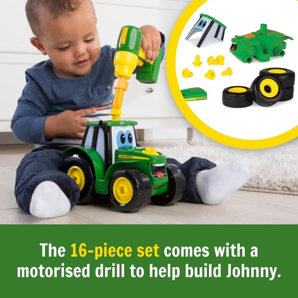 John Deere 빌드 조니 트랙터, 16피스 ​​빌딩 농장 장난감 자동차, 전동 드릴이 있는 트랙터 장난감 18개월, 2, 3, 4세 소년 소녀 조니 싱글 빌드