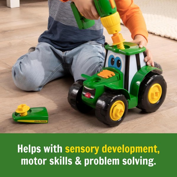 John Deere 빌드 조니 트랙터, 16피스 ​​빌딩 농장 장난감 자동차, 전동 드릴이 있는 트랙터 장난감 18개월, 2, 3, 4세 소년 소녀 조니 싱글 빌드