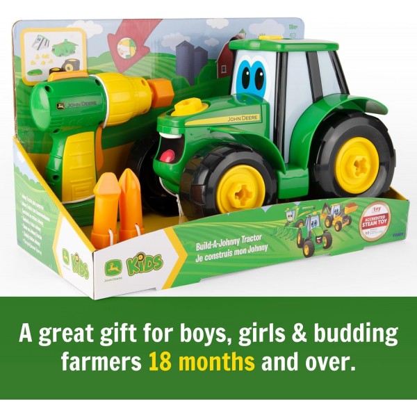 John Deere 빌드 조니 트랙터, 16피스 ​​빌딩 농장 장난감 자동차, 전동 드릴이 있는 트랙터 장난감 18개월, 2, 3, 4세 소년 소녀 조니 싱글 빌드