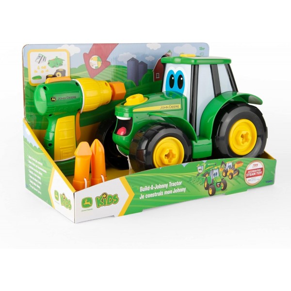 John Deere 빌드 조니 트랙터, 16피스 ​​빌딩 농장 장난감 자동차, 전동 드릴이 있는 트랙터 장난감 18개월, 2, 3, 4세 소년 소녀 조니 싱글 빌드