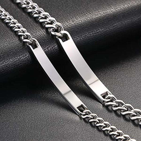 JewelryWe 발렌타인 데이 주얼리 선물 아이디어 무료 각인이 포함된 스테인레스 스틸로 제작된 한 쌍의 실버 파트너 팔찌, 스테인레스 스틸