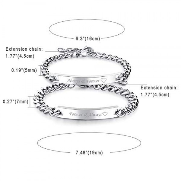 JewelryWe 발렌타인 데이 주얼리 선물 아이디어 무료 각인이 포함된 스테인레스 스틸로 제작된 한 쌍의 실버 파트너 팔찌, 스테인레스 스틸