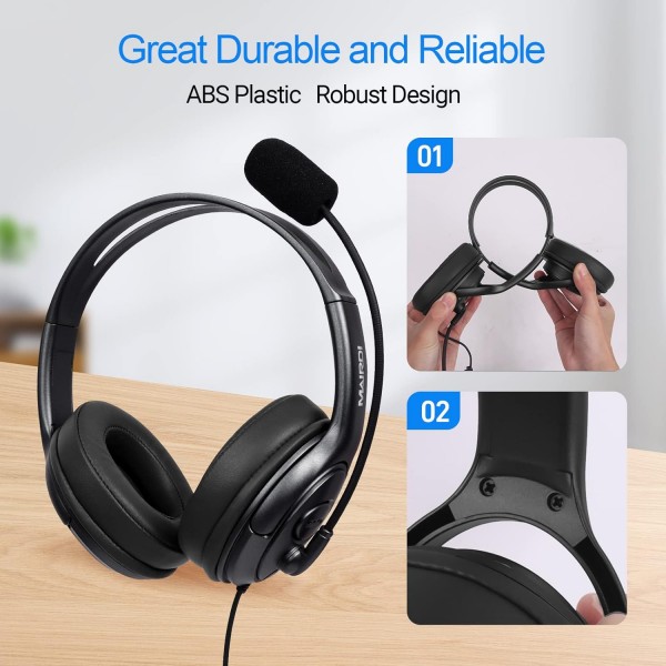 마이크 소음 제거 기능이 있는 Mairdi USB 헤드셋, 컴퓨터 노트북용 PC 헤드셋 홈 오피스 콜 센터 비즈니스 Skype 팀 Voip 채팅, 음성 인식용 프로 마이크 Dragon Nuance Black