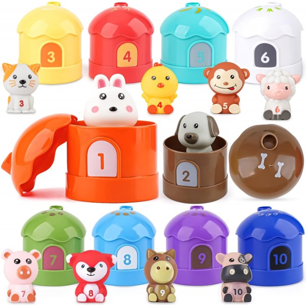 Dreamon Montessori Toys 1 2 3 세 이상 스태킹 컵 농장 동물과 아기 모터 기술 장난감 손가락 인형 스태킹 컵 교육 완구 1 2 3 Year Kids