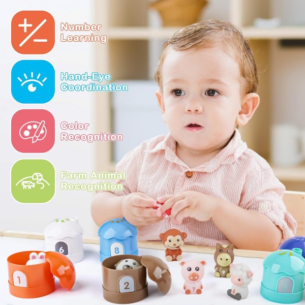 Dreamon Montessori Toys 1 2 3 세 이상 스태킹 컵 농장 동물과 아기 모터 기술 장난감 손가락 인형 스태킹 컵 교육 완구 1 2 3 Year Kids