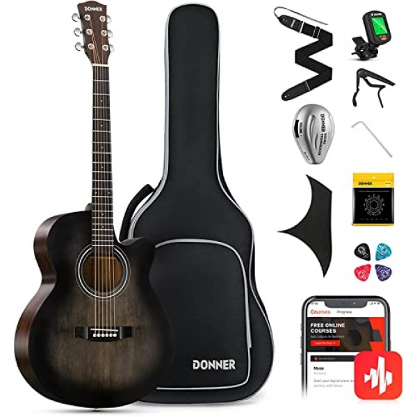 초보자 성인용 Donner 어쿠스틱 기타 40인치 장면 전환 Acustica Guitarra 번들 키트(픽업 포함) 온라인 레슨 백 튜너 카포 스트랩 미니 점보 여행 틴 오른손 블랙 브라운 DAJ-11