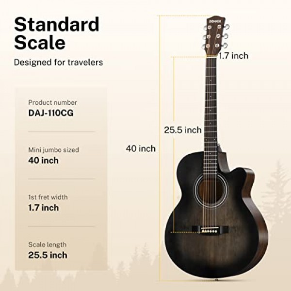 초보자 성인용 Donner 어쿠스틱 기타 40인치 장면 전환 Acustica Guitarra 번들 키트(픽업 포함) 온라인 레슨 백 튜너 카포 스트랩 미니 점보 여행 틴 오른손 블랙 브라운 DAJ-11