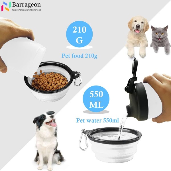 Barrageon 휴대용 애완 동물 음료수 병 여행 개 물병 물 식품 이중 목적 이중 접이식 애완 동물 그릇 개 고양이 병 야외 여행 하이킹 캠핑 (흰색) 1PC 컵 + 2PC 그릇 흰색