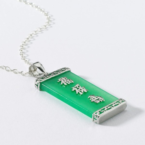 Green Oriental Jade Blessings Silver Oblong 펜던트 목걸이 18