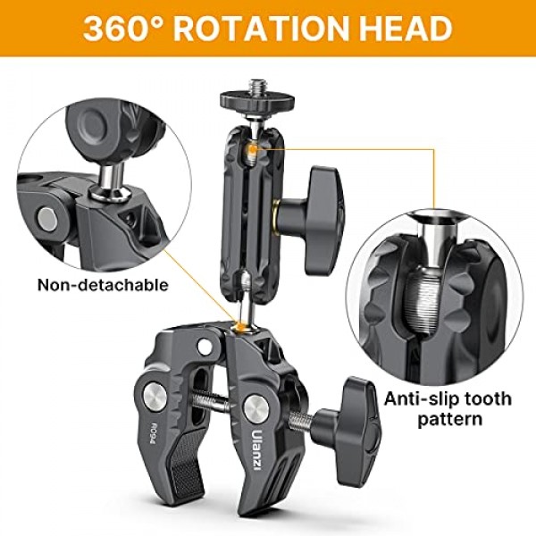 R094 슈퍼 클램프 다기능 카메라 C 클램프 마운트, 1/4 볼 헤드 모니터 마운트 3/8 구멍 조정 가능한 비디오 촬영, Gopro 액션 INSTA360 캠용 모바일 클램프, Vlog 캠 셀카 라이
