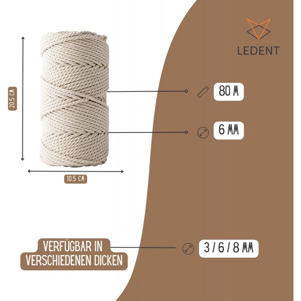 Ledent Macrame Yarn Double Twisted (6mm, Natural, 80M) - 100% 재생 면사로 만든 Macrame용 Rope Yarn - 두꺼운 공예용 Macrame Yarn (6mm / 80M)