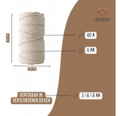 Ledent Macrame Yarn Double Twisted (6mm, Natural, 80M) - 100% 재생 면사로 만든 Macrame용 Rope Yarn - 두꺼운 공예용 Macrame Yarn (6mm / 80M)