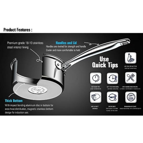 Cook N Home 2608 뚜껑 3쿼트 스테인리스 스틸 소스팬, 실버