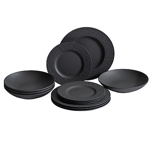 Villeroy & Boch Manufacture Rock 12피스 식기 세트, 접시 및 그릇, 매트 블랙, 프리미엄 도자기, 독일산