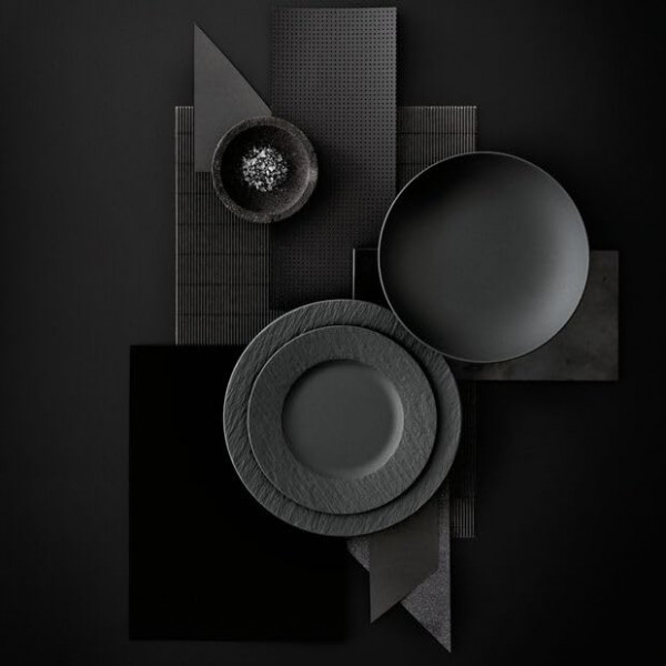 Villeroy & Boch Manufacture Rock 12피스 식기 세트, 접시 및 그릇, 매트 블랙, 프리미엄 도자기, 독일산