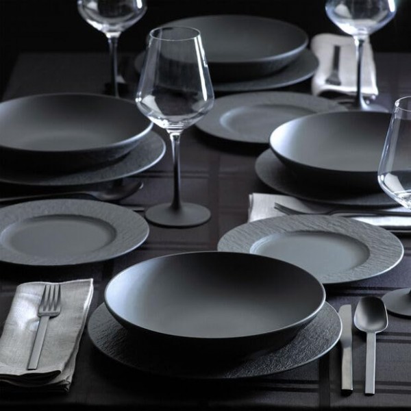Villeroy & Boch Manufacture Rock 12피스 식기 세트, 접시 및 그릇, 매트 블랙, 프리미엄 도자기, 독일산