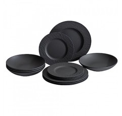Villeroy & Boch Manufacture Rock 12피스 식기 세트, 접시 및 그릇, 매트 블랙, 프리미엄 도자기, 독일산