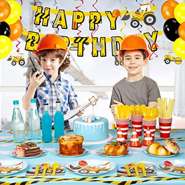 DECORLIFE 건설 생일 파티 용품 24인분, 건설 파티 플레이트, 54 x 108 식탁보, 사전 연결 배너, 트래픽 콘 센터피스 포함, 총 206개
