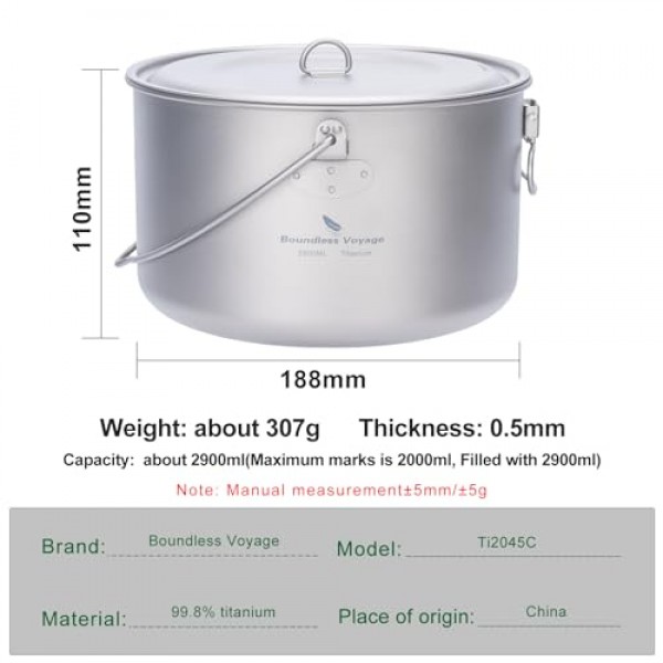 iBasingo 2.9L 야외 티타늄 냄비 뚜껑 접이식 손잡이 캠핑 교수형 조리기구 하이킹 피크닉 초경량 그릇 식기 Ti2045C