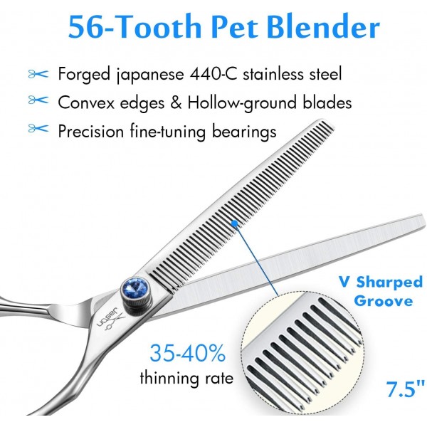 JASON professional 7.5 인치 개용 가위 가위 고양이 애완 동물 개 가위 조정 가능한 나사가있는 미용 가위 56 치아 블렌더 7.5
