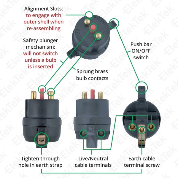 ElekTek 프리미엄 램프 키트 황동 안전 스위치 B22 램프 홀더(트위스트 골드 플렉스 및 3A 영국 플러그 포함)