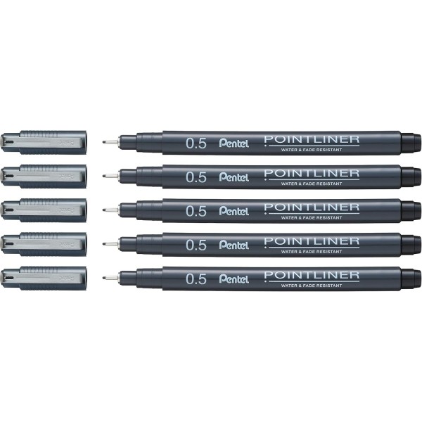 펜텔 포인트라이너 S20P-5A, 파인라이너, 블랙, 방수 및 내광성(0.5mm 5개 팩)