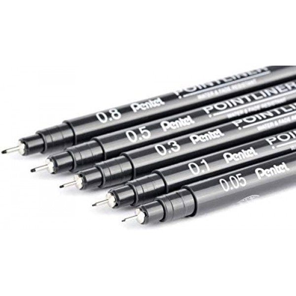펜텔 포인트라이너 S20P-5A, 파인라이너, 블랙, 방수 및 내광성(0.5mm 5개 팩)