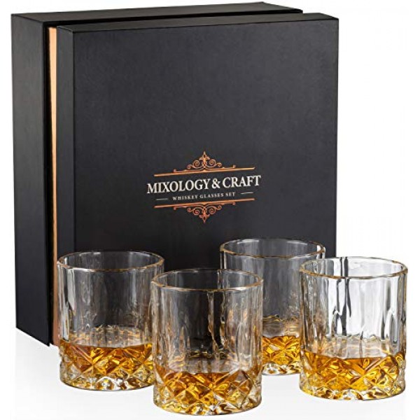 Mixology & Craft - 위스키 잔 선물 세트(4개 록스 잔) - 10온스 크리스탈 구식 위스키 잔(선물 상자 포함) | 스카치, 버번, 꼬냑, 칵테일에 딱 맞습니다 - 남성용 위스키 선물