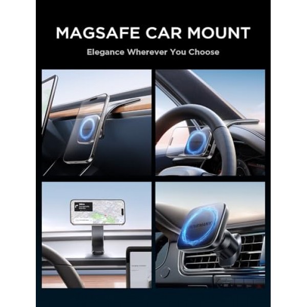Magsafe 차량용 마운트용, iPhone 15 14 13 12 Pro Plus, 모든 대시보드, 앞 유리, 에어 벤트용 구부릴 수 있는 메모리 티타늄 합금 및 강철 후크 클립과 호환되는 차량용 자기 전