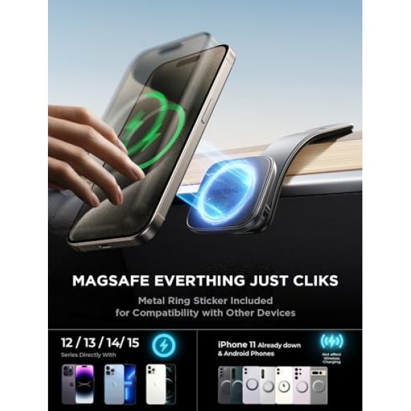 Magsafe 차량용 마운트용, iPhone 15 14 13 12 Pro Plus, 모든 대시보드, 앞 유리, 에어 벤트용 구부릴 수 있는 메모리 티타늄 합금 및 강철 후크 클립과 호환되는 차량용 자기 전