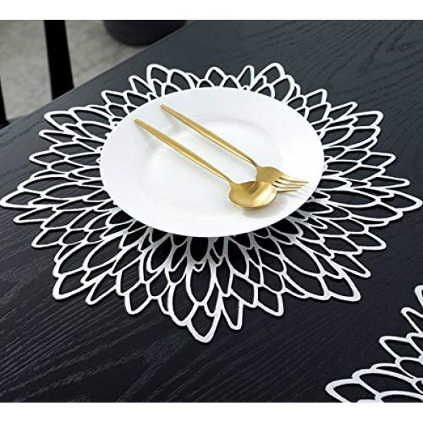12PCS 장식 Placemats 비닐 중공 식사 매트 미끄럼 방지 단열 금속 테이블 매트 Philopack Silver