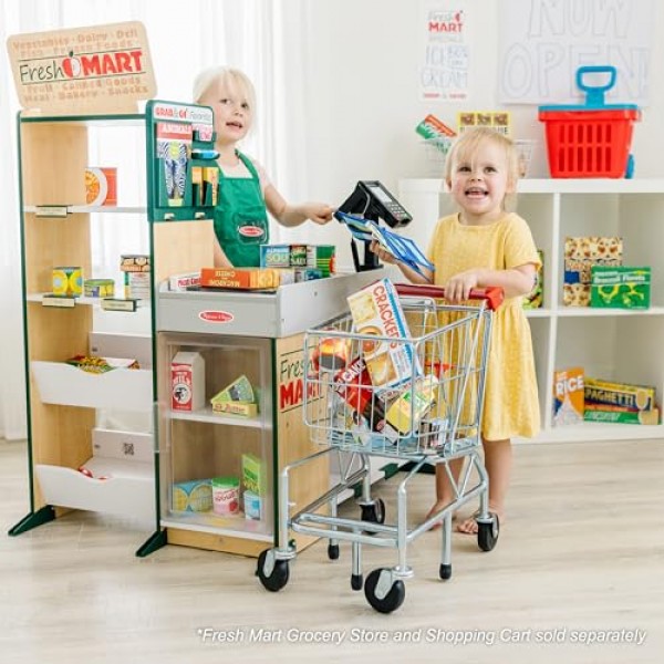 Melissa & Doug 독립형 목재 신선 마트 식료품점 - 슈퍼마켓 척 놀이, 어린이 놀이 매장, 3세 이상 유아 및 어린이를 위한 장난감 식품 스탠드 - FSC 인증 재료