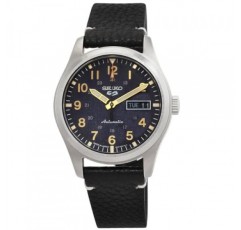남성용 SEIKO SRPG39 시계 - 5가지 스포츠 - 수동 와인딩 무브먼트, 블루 다이얼, 스테인리스 스틸 케이스, 블랙 가죽 스트랩, 100m 방수 및 요일/날짜 표시 기능이 있는 오토