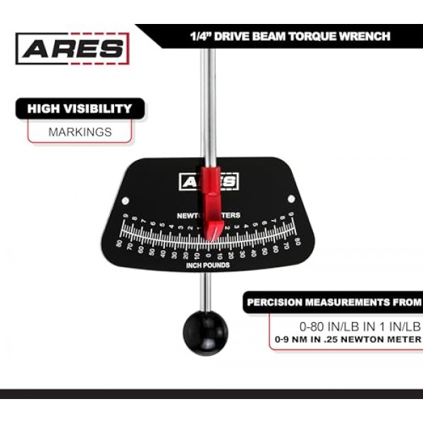 ARES 70213-1/4인치 드라이브 빔 토크 렌치 - 0-80인치/파운드 및 0-9 뉴턴/미터 토크 렌치 - 읽기 쉬운 높은 가시성 표시