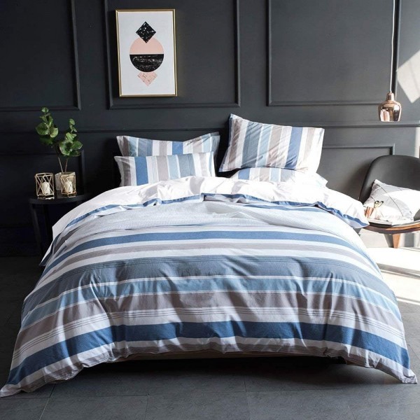 아마존 브랜드 - Umi Textured Weave Striped Duvet Cover Set, 100% Cotton Bedding Set, 1 Duvet Cover 230x220cm with 2 Pillowcase 50x75cm - Blue Stripe (King Set) 230x220+2x50x75cm Multicolored - Blue