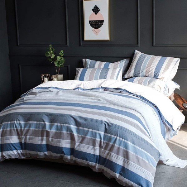 아마존 브랜드 - Umi Textured Weave Striped Duvet Cover Set, 100% Cotton Bedding Set, 1 Duvet Cover 230x220cm with 2 Pillowcase 50x75cm - Blue Stripe (King Set) 230x220+2x50x75cm Multicolored - Blue