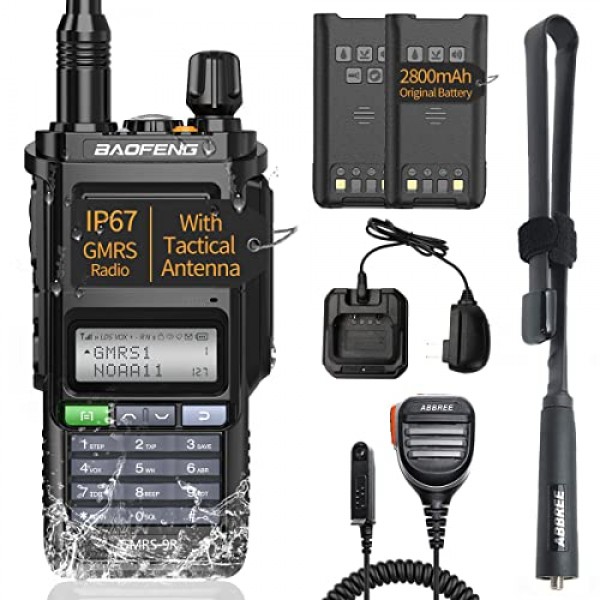 Baofeng GMRS-9R GMRS 라디오 방수 IP67 양방향 라디오 GMRS 중계기 가능 충전식 워키 토키 장거리 NOAA 날씨 경고 추가 전술 안테나, 2800mAh 배터리, 스피커 마이크 스캔