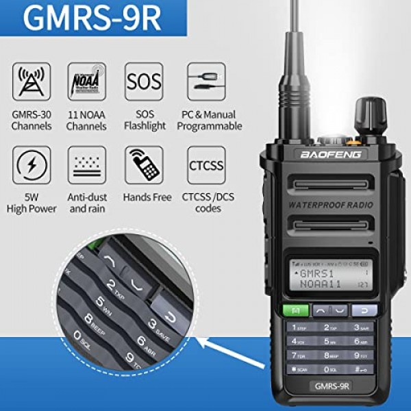 Baofeng GMRS-9R GMRS 라디오 방수 IP67 양방향 라디오 GMRS 중계기 가능 충전식 워키 토키 장거리 NOAA 날씨 경고 추가 전술 안테나, 2800mAh 배터리, 스피커 마이크 스캔