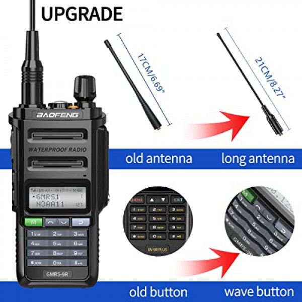 Baofeng GMRS-9R GMRS 라디오 방수 IP67 양방향 라디오 GMRS 중계기 가능 충전식 워키 토키 장거리 NOAA 날씨 경고 추가 전술 안테나, 2800mAh 배터리, 스피커 마이크 스캔