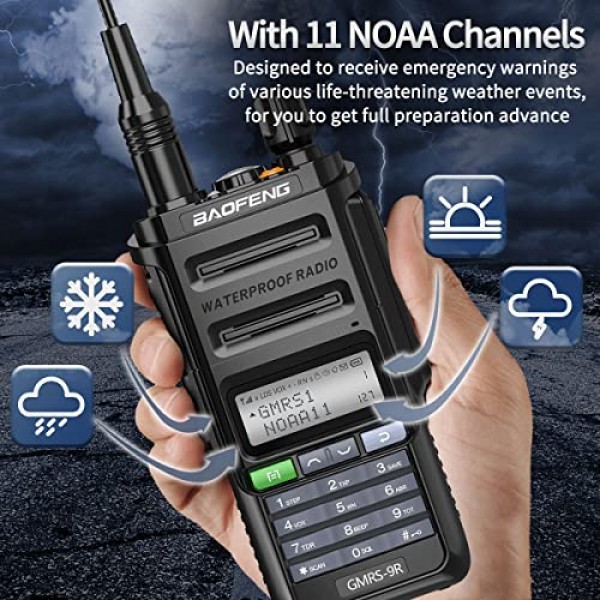 Baofeng GMRS-9R GMRS 라디오 방수 IP67 양방향 라디오 GMRS 중계기 가능 충전식 워키 토키 장거리 NOAA 날씨 경고 추가 전술 안테나, 2800mAh 배터리, 스피커 마이크 스캔