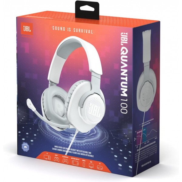 JBL Quantum 100 오버이어 게임용 헤드셋 - 유선 3.5mm 잭 - 탈착식 붐 마이크 포함 - 다양한 플랫폼과 호환 가능 - 흰색 흰색 Quantum 100 싱글