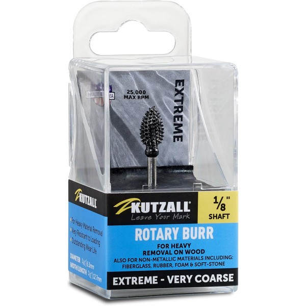 Kutzall Extreme Flame 로터리 버, 1/8 샤프트, Dremel, Foredom, Dewalt, Milwaukee용 헤비 듀티 목공 부착물. 연마 카바이드, 1/4(6.3mm) Dia. x 1/2(12.7mm) 길이 Flx-14-Eg