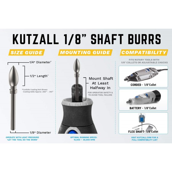 Kutzall Extreme Flame 로터리 버, 1/8 샤프트, Dremel, Foredom, Dewalt, Milwaukee용 헤비 듀티 목공 부착물. 연마 카바이드, 1/4(6.3mm) Dia. x 1/2(12.7mm) 길이 Flx-14-Eg