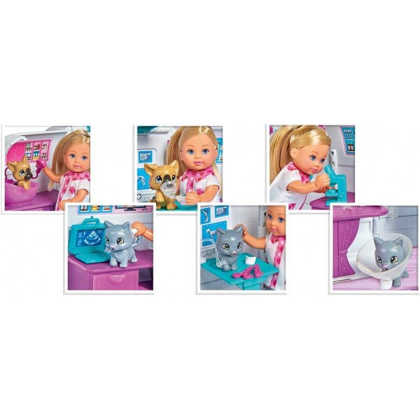 Simba 105733488 - Evi Love Doctor Evi 2-in-1 동물 모빌, Evi 수의사, 접이식 자동차, 수의과 클리닉, 개, 고양이 및 액세서리 포함, 드레스업 인형, 12cm, 3세 이상 어린이용