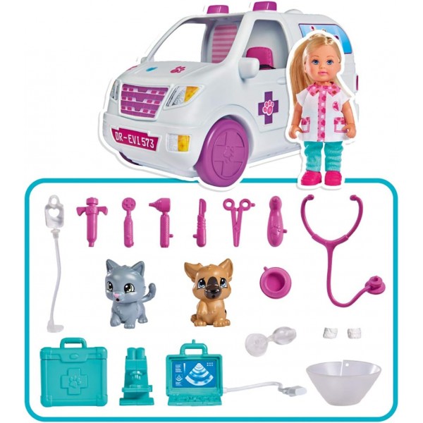 Simba 105733488 - Evi Love Doctor Evi 2-in-1 동물 모빌, Evi 수의사, 접이식 자동차, 수의과 클리닉, 개, 고양이 및 액세서리 포함, 드레스업 인형, 12cm, 3세 이상 어린이용
