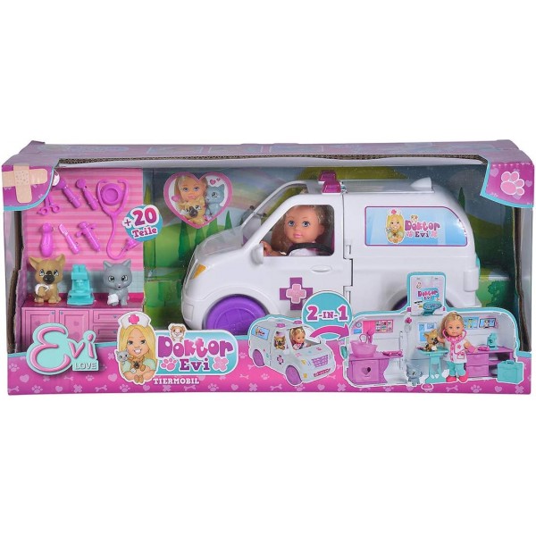 Simba 105733488 - Evi Love Doctor Evi 2-in-1 동물 모빌, Evi 수의사, 접이식 자동차, 수의과 클리닉, 개, 고양이 및 액세서리 포함, 드레스업 인형, 12cm, 3세 이상 어린이용